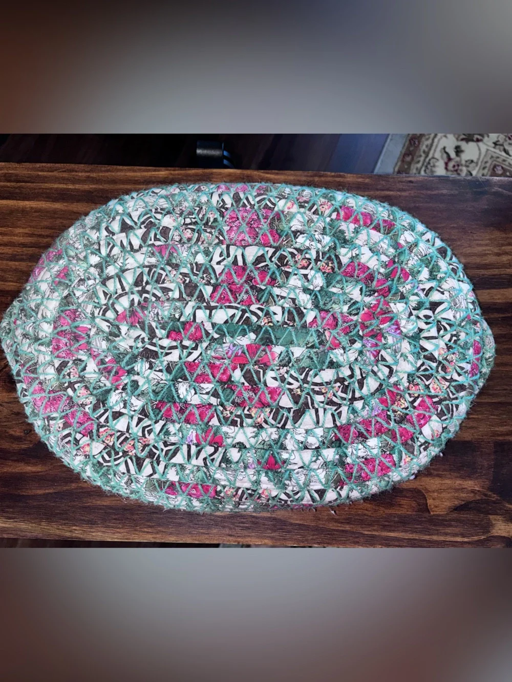 Vintage Rolled Rag Rug Basket Oval Double Handle Primitive Farmhouse Cottagecore